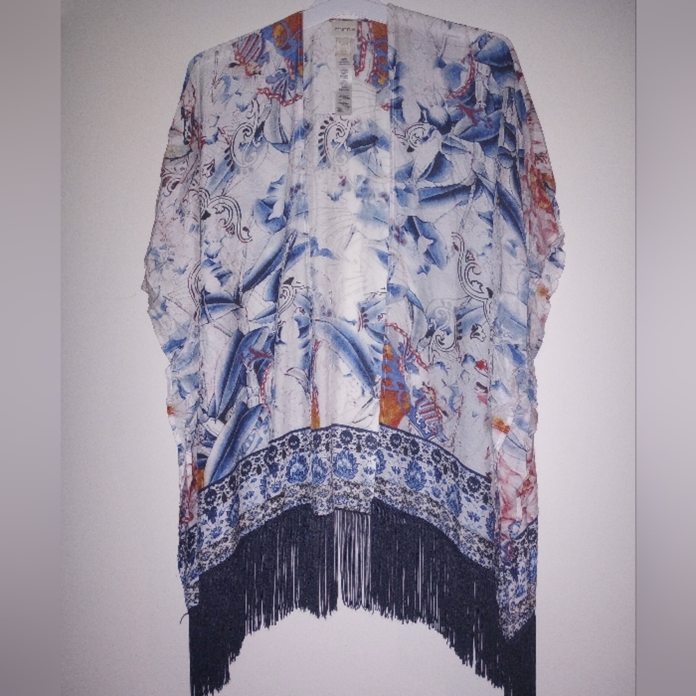 Chicos Fringed Paisley Floral Kimono S/M